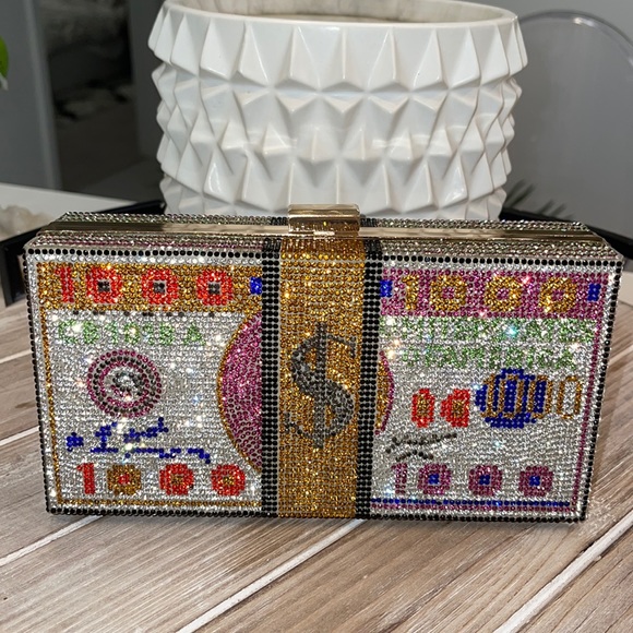 NWT Rich Girl Rhinestone Money Studded Box Clutch